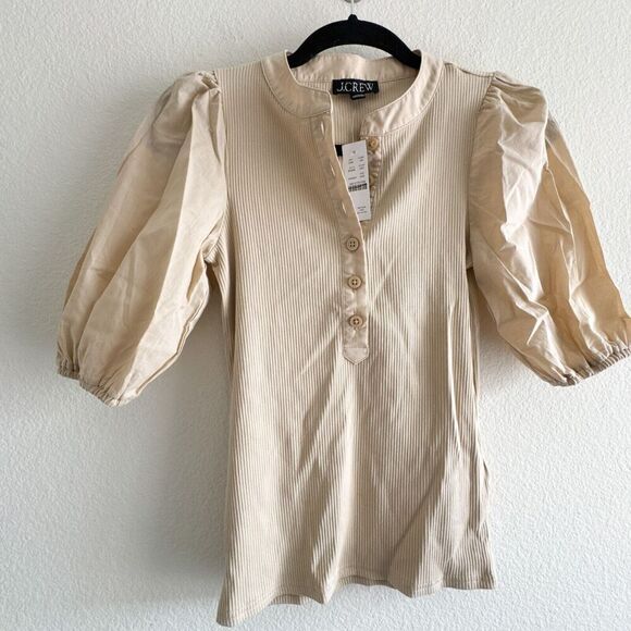 J. Crew Tops - J.Crew New Vintage Rib Puff Sleeve Henley Top in Light Khaki Natural Size XXS